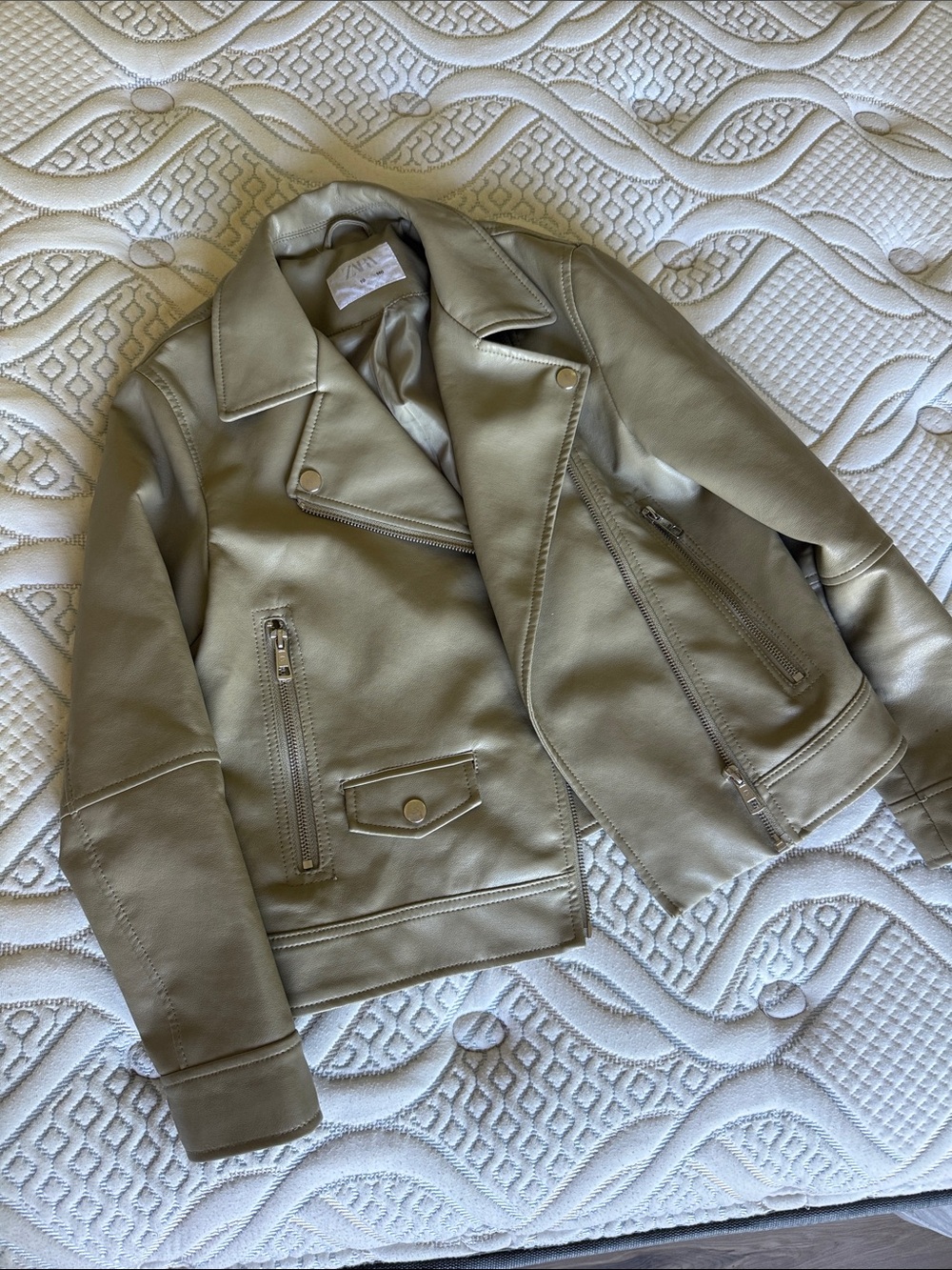 Zara Olive Taupe Faux Leather Varsity Bomber Jacket